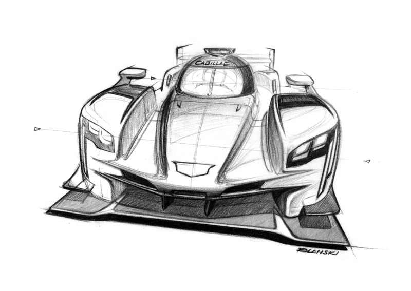 Early front end sketch, showing a crest-shaped top intake, wing mirrors that pop up from the edge of the front fenders, horizontal brake ducts along the thin edge of the front nose, and vertical-edged headlights. Image credit: Cadillac.